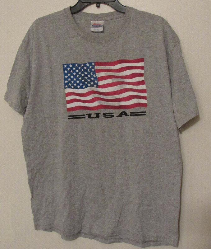 Mens American Flag USA T-Shirt Large Heather Gray Patriotic Hanes Heavyweight