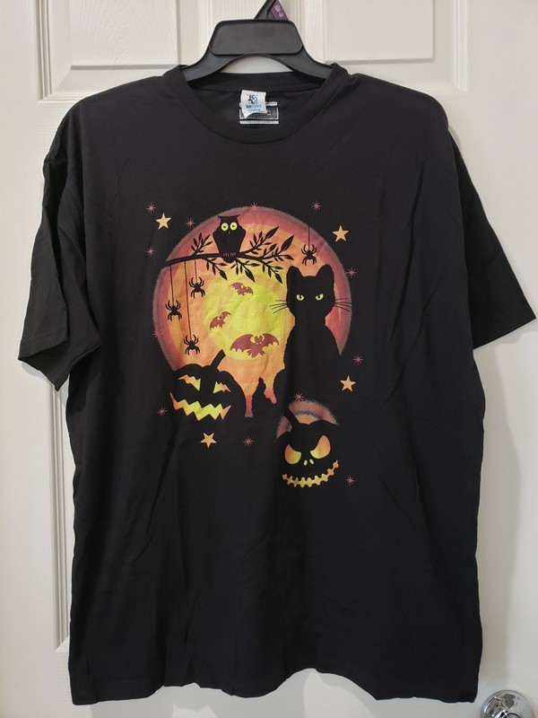 Halloween Black Cat Pumpkin Bats Owls Graphic Shirt Mens XL NEW