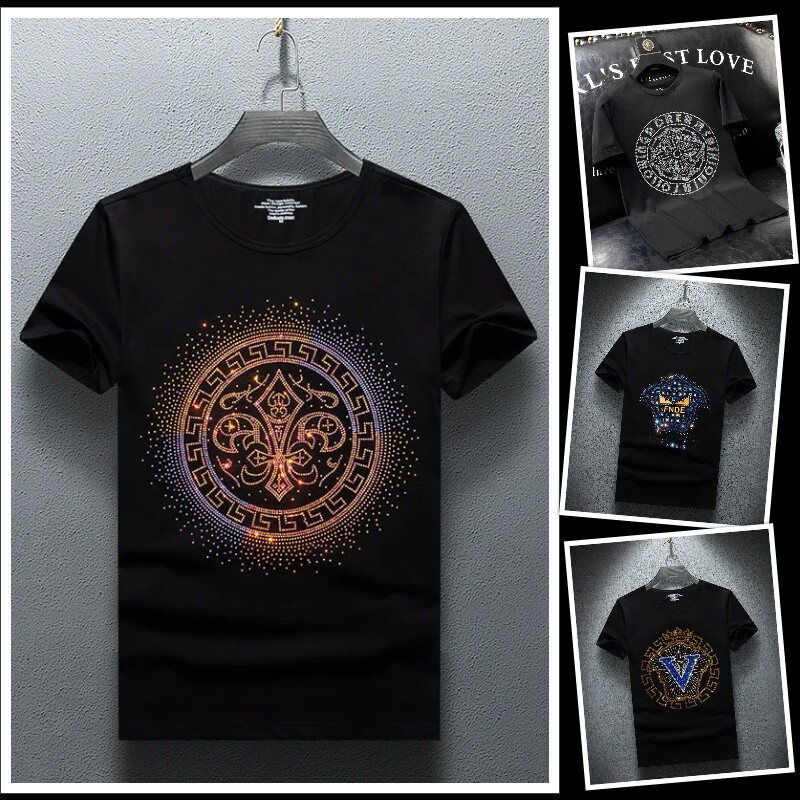 New Fashion Trend Rhinestone Summer Short Sleeve Luxury Men Streetwear T-Shirt