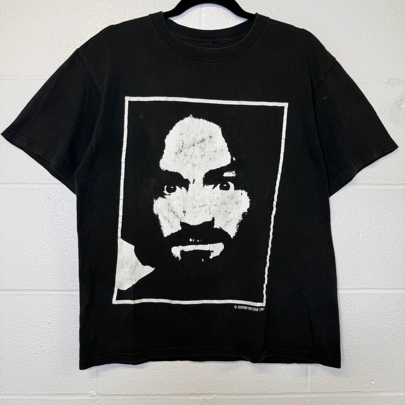 Vintage 90s Charles Manson Charlie Don’t Surf Shirt Size L Boxy Black