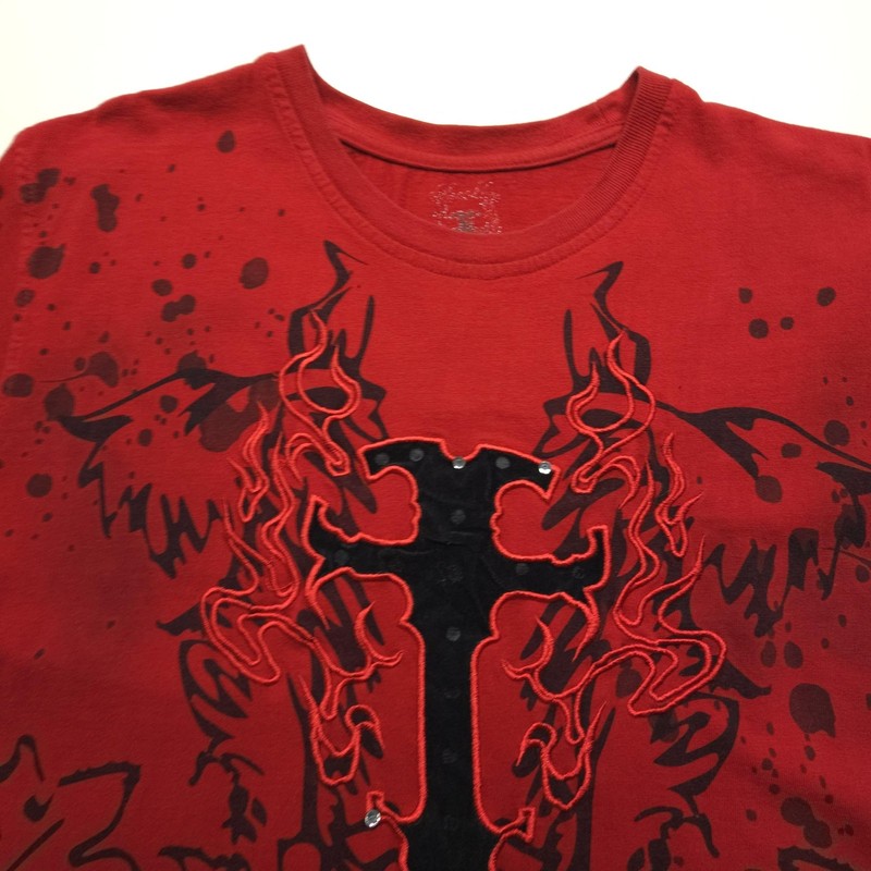Brooklyn Xpress Mens Shirt Medium Red Cross Flames Graphic Rhinestone BX 3D Logo gallery