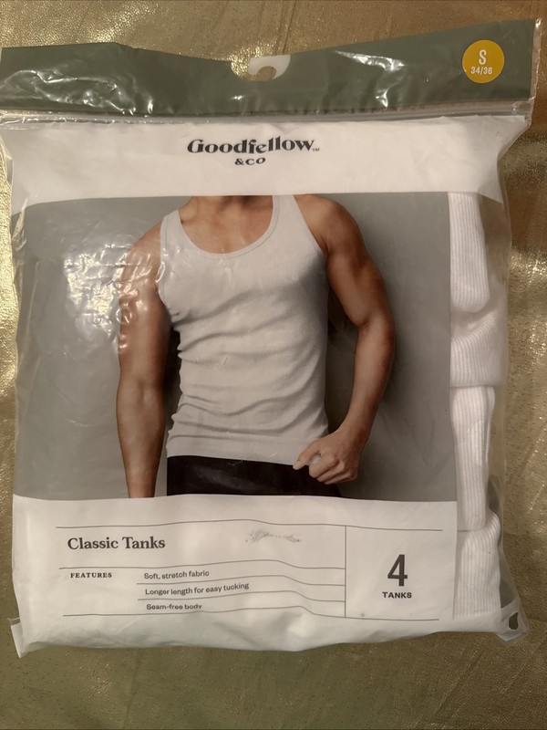 NWT Goodfellow Men’s 4 Pack Classic Ribbed Cotton Tanks White Size Small 34-36″