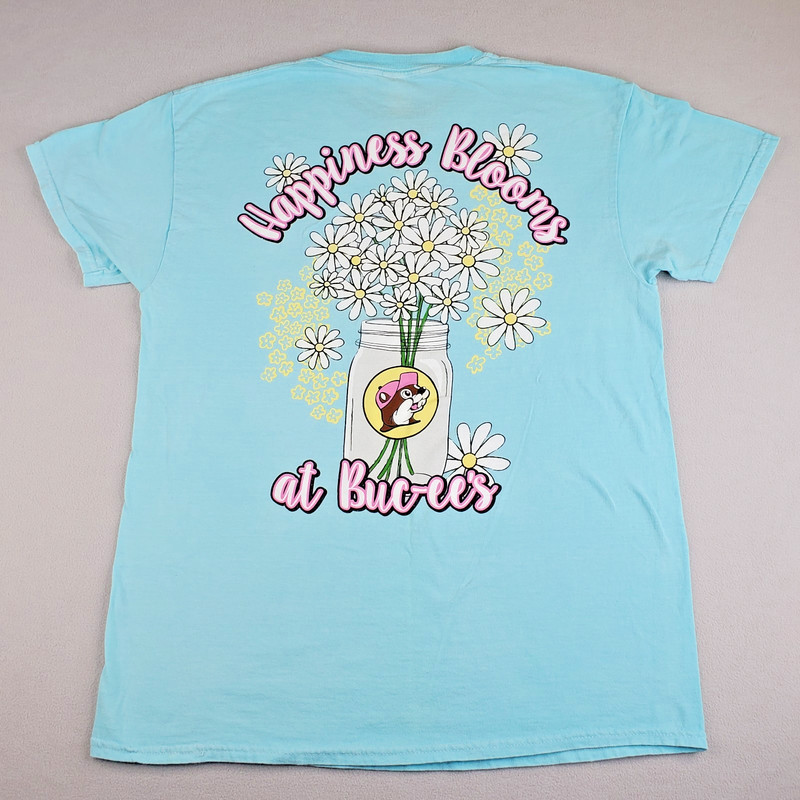 Bucees Happiness Blooms Shirt Unisex M Light Blue Daisy Jar Dual Beaver Graphic