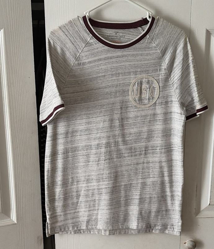 American Eagle Active Flex Men’s Ringer Striped USA Patch Tee M Gray Maroon