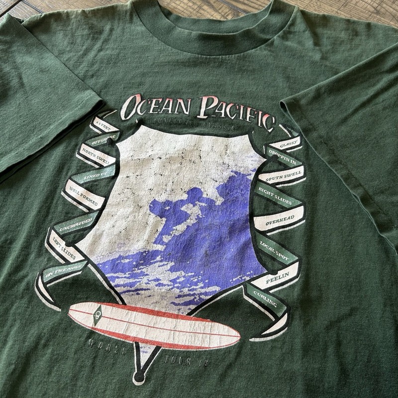 Vintage OP Ocean Pacific Surf Faded Green Graphic T-Shirt Single Stitch Men’s XL