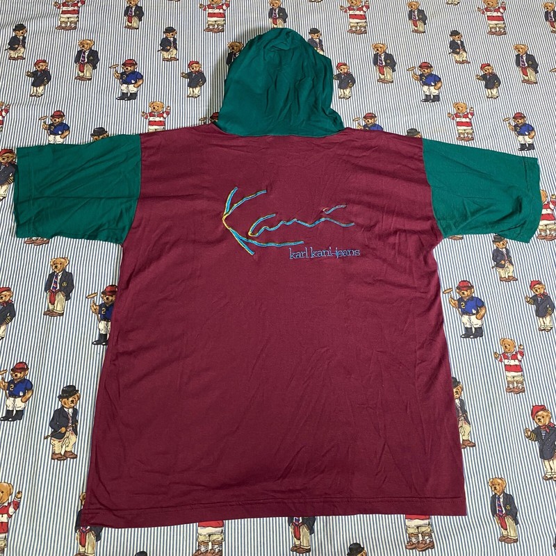 VTG 90s Karl Kani Jeans Colorblock Hooded T Shirt LARGE Hip Hop Green Purple USA