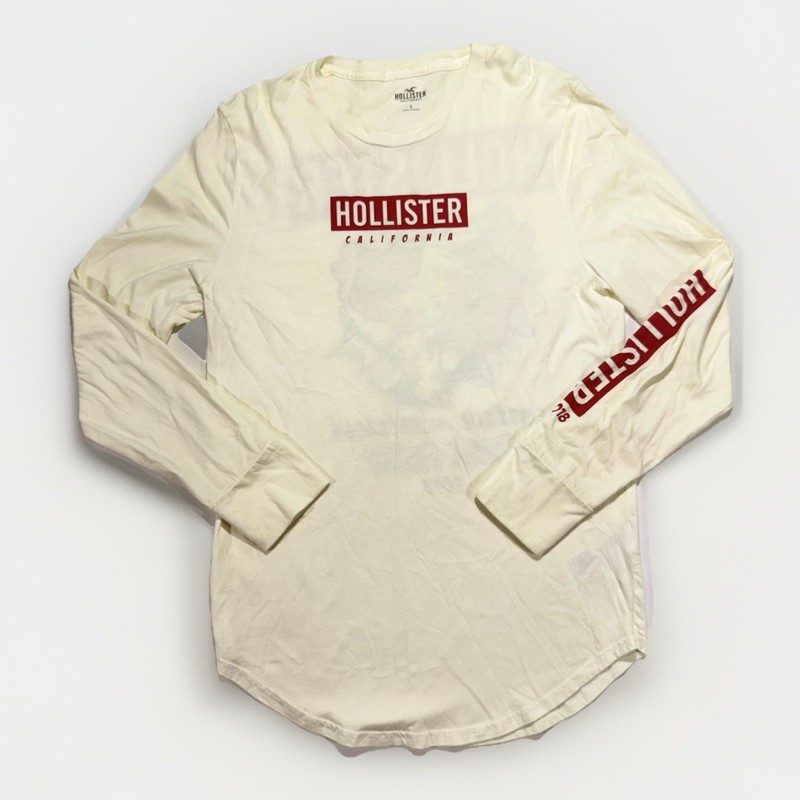 Hollister Men’s Curved-Hem Graphic Long-Sleeve Tee Off-White Cream Color Size S