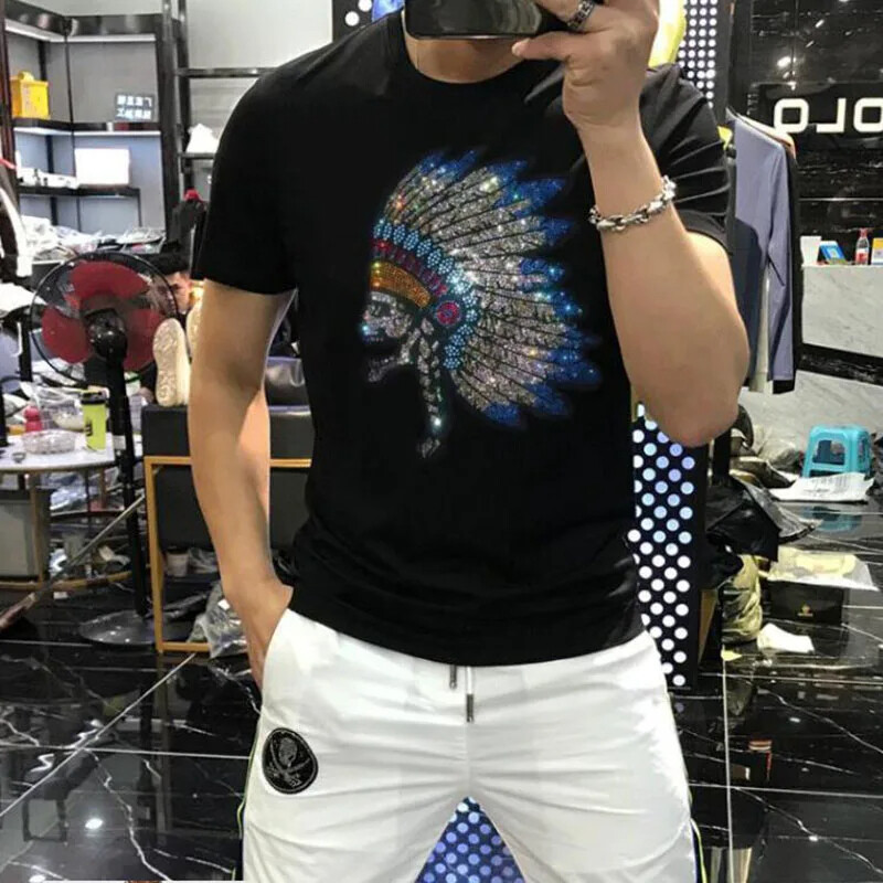 New Fashion indian Trend Rhinestones Summer Short Sleeve Luxury Men T-Shirt