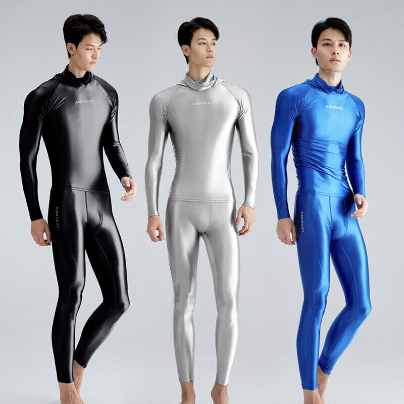 AMORESY Men Glossy Hooded T-shirt Sunscreen High Neck Long Sleeve Running Shirts gallery