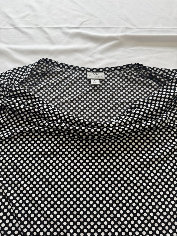 Black White Polka Dots Ruched Cap Sleeve Cowl Scoop Neck Stretchy Shirt Size L gallery