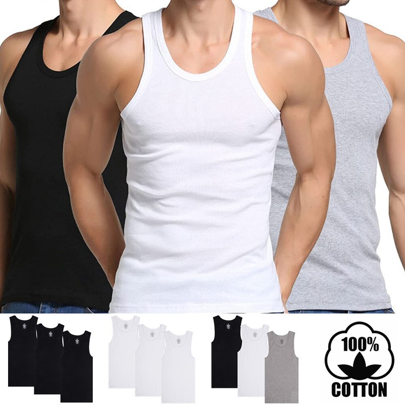 Men 100% Cotton Tank Top Wife-Beater Undershirt Ribbed Premium A-Shirt Regular