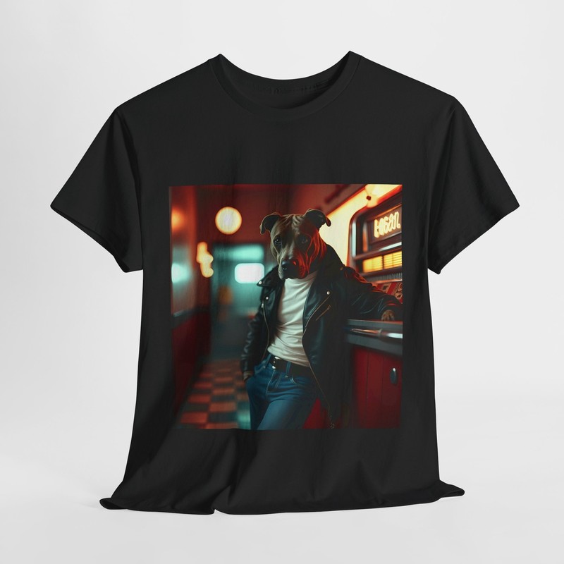 Vintage Look Cool Dog Biker T-Shirt Retro Style with Leather Jacket and Jukebox