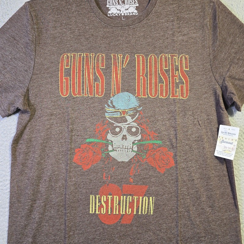LUCKY BRAND Guns n Roses Mens Large Brown Casual Metal Music Rock Skull NWT