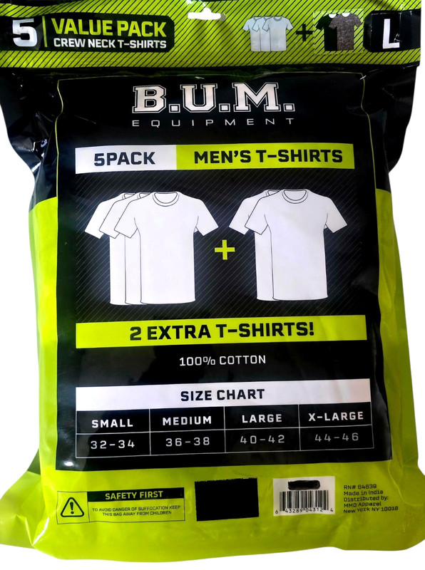 BUM 5x Value Pack Men's T-shirts, Cotton (3 White, 1 Gray, & 1 Black), Large gallery