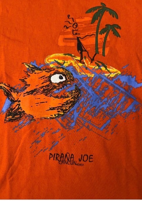 Pirana Joe brand t-shirt Cancun Mexico- New Beach theme with an abstract pirana