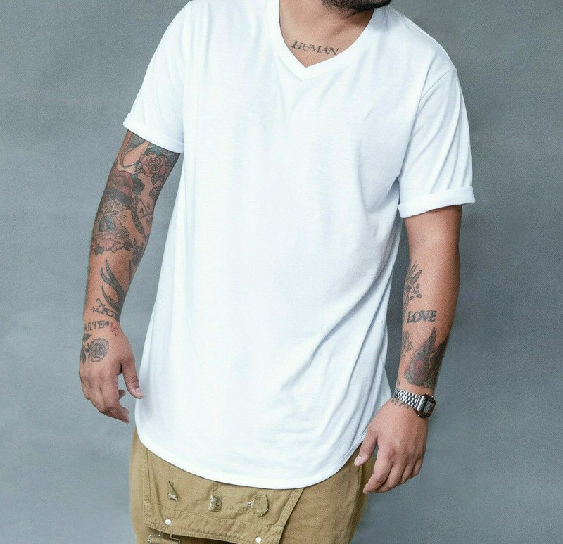 LUCKY BASTARDS CONTEMPORARY MODERN WHITE V NECK SHIRT EXTENDED ELONGATED SCOOP